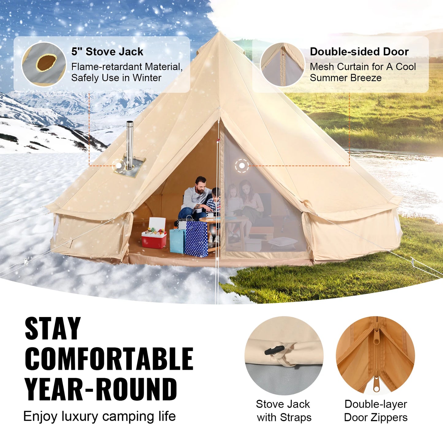 4 Seasons Canvas Bell Tent For Camping With Chimney Vent