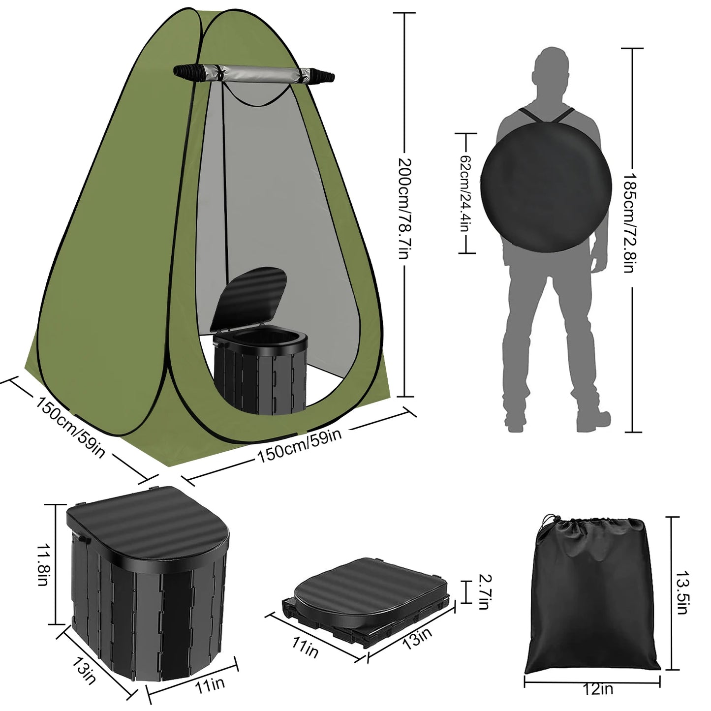 Camping Toilet with 1.5m Pop Up Privacy Tent Large Portable Toilet Potty for Adults Outdoor Camping Shower Changing Room
