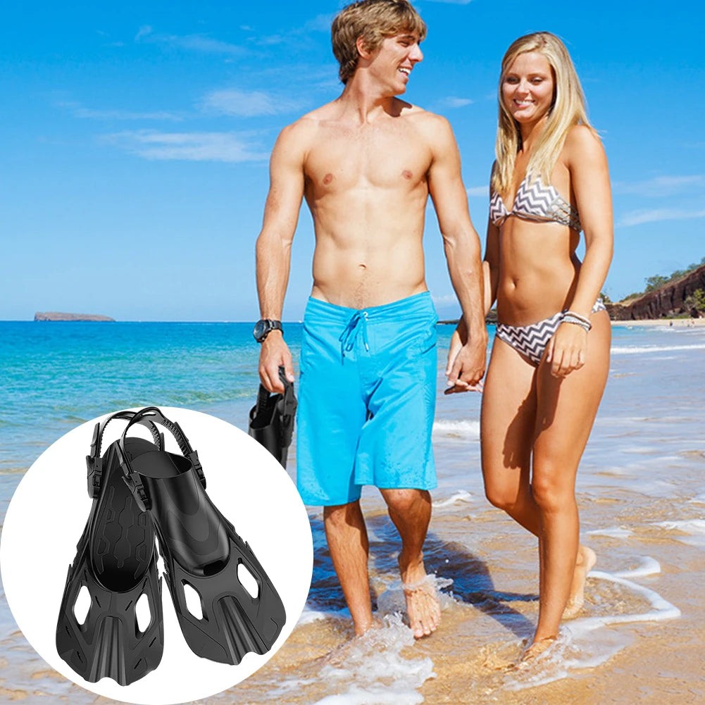 Snorkel Fins Adjustable Buckles Swimming Flippers Short Silicone Scuba Diving Shoes Open Heel Travel Size Adult Men Women