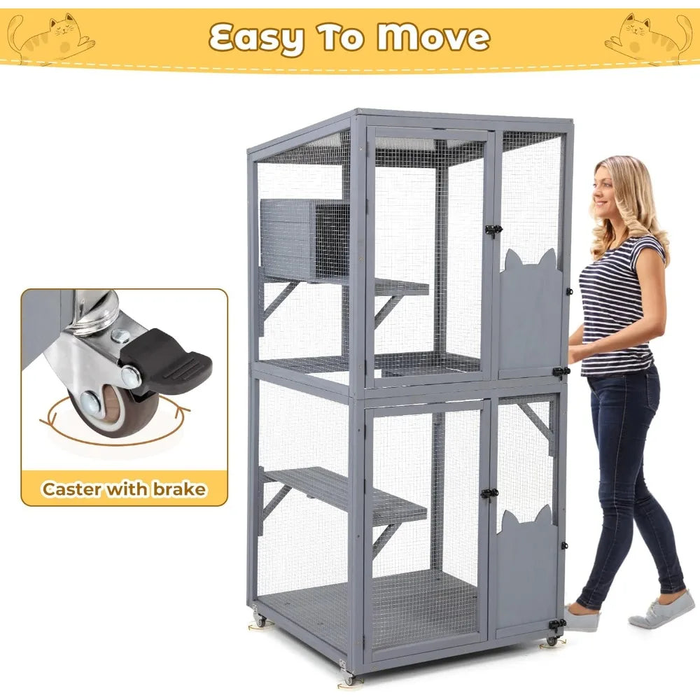 Grey Outdoor Cat Enclosure With Wheels Window Access