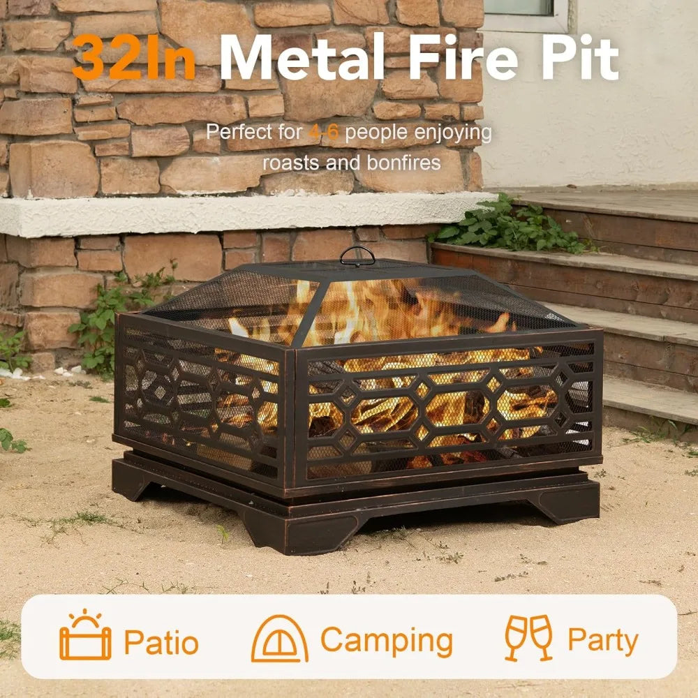 Square Outdoor Wood Burning Fire Pit With Mesh And Poker