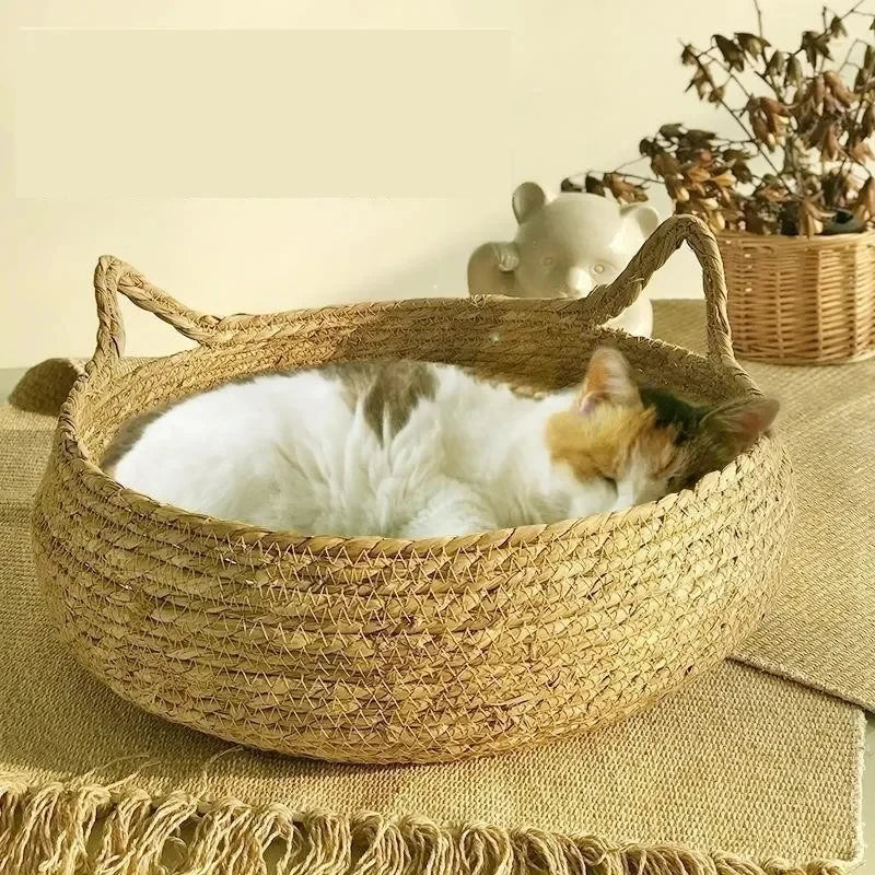 Handwoven Rattan Cat Nest Four Seasons Warm Pad Washable