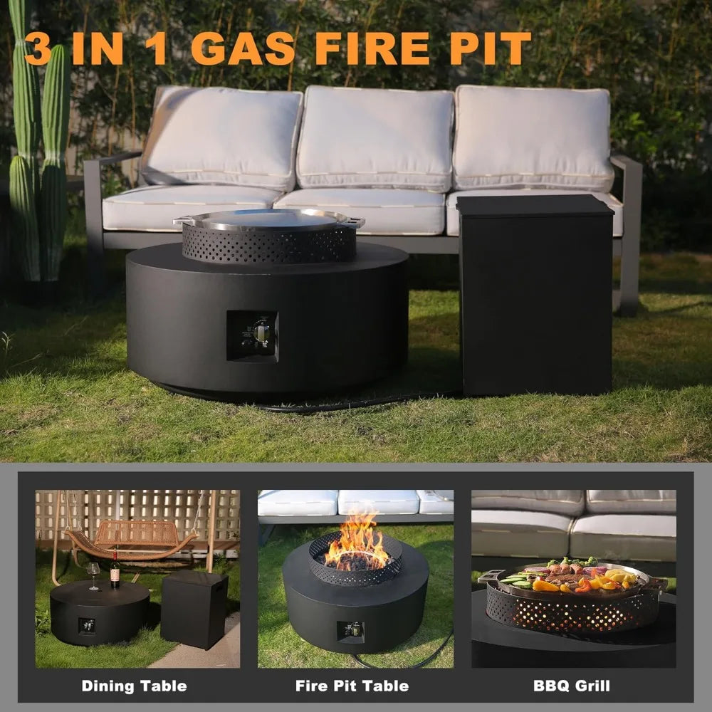 3 Piece Outdoor Fire Pit Table 32 Inch Propane Fire Table 65000 BTU Black Round Gas Fire Pit Wind Guard Baking Sheet