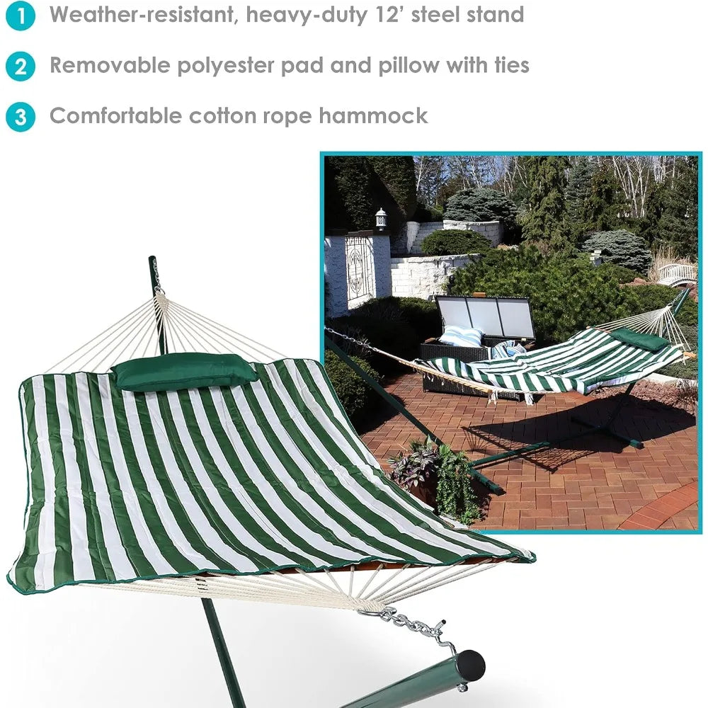 Rope hammock with standing combination - 275 lb capacity - includes 12-foot hammock stand, sling bar, cushion and pillow