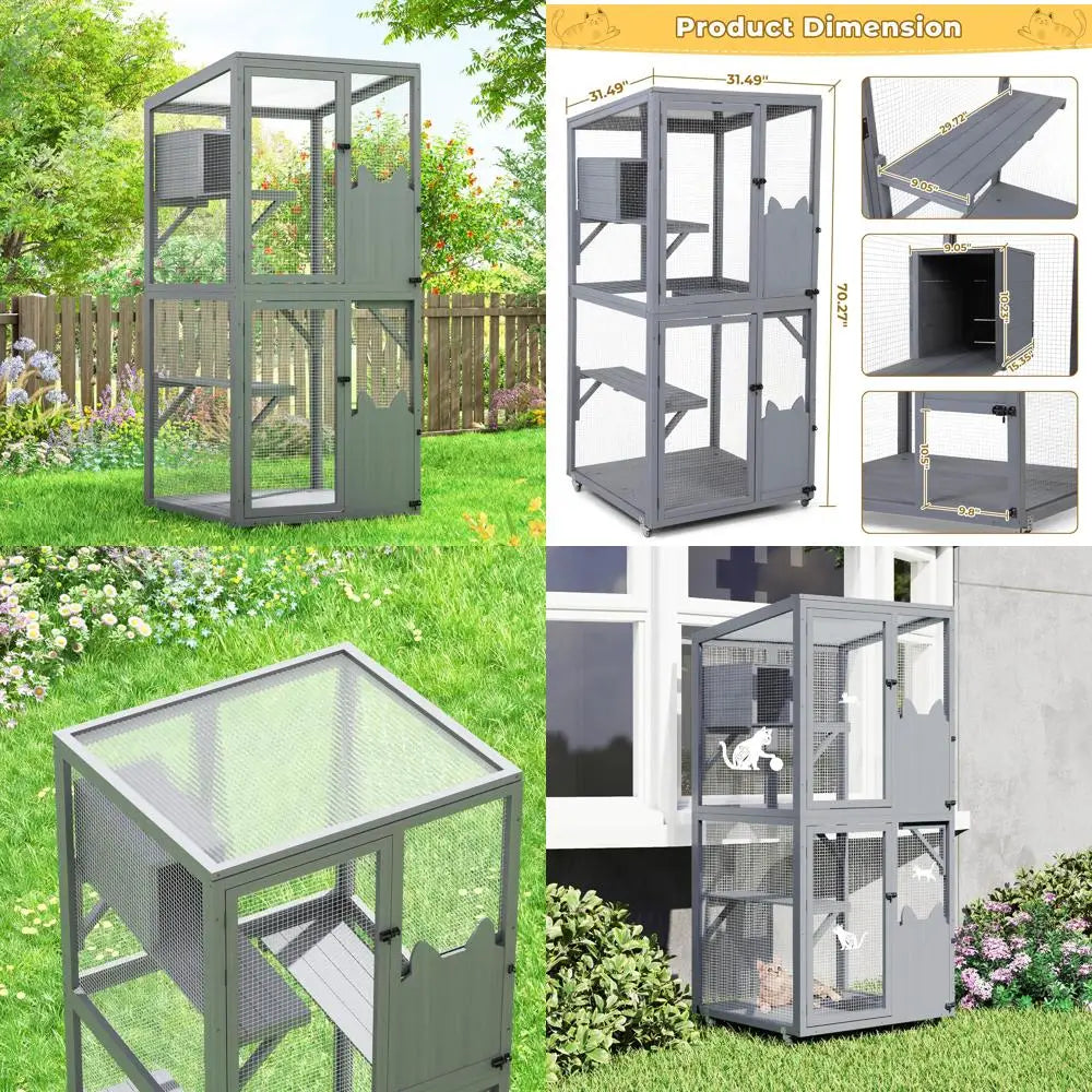 Grey Wheeled Outdoor Cat Enclosure With Patio Window Box