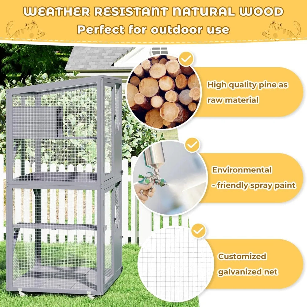 Grey Outdoor Cat Enclosure With Wheels Window Access
