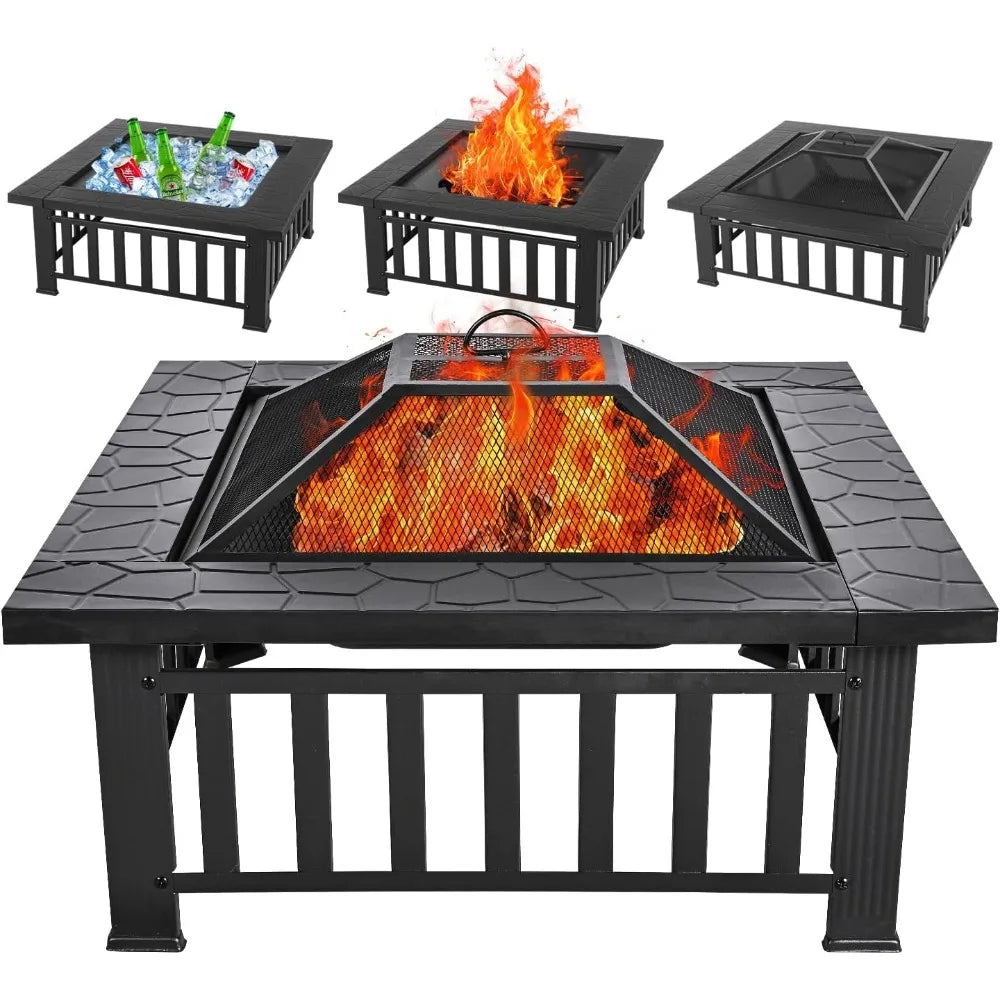 32 Inch Square Metal Fire Pit Table Outdoor Patio Heater For Backyard Garden Camping And Outdoor Heating