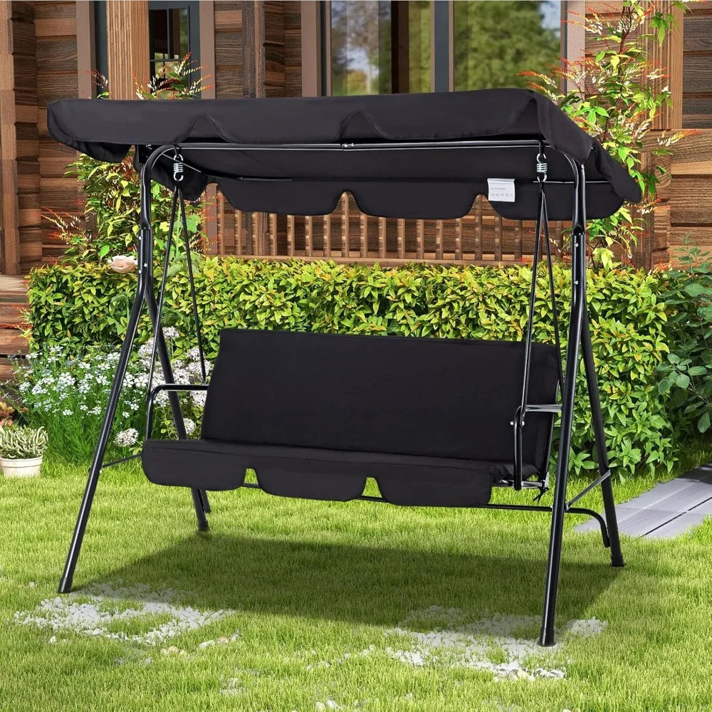 Outdoor Patio Swing Chair for Adults 3 Seat Porch Swing with Adjustable Canopy Removable Cushion Outdoor Furniture