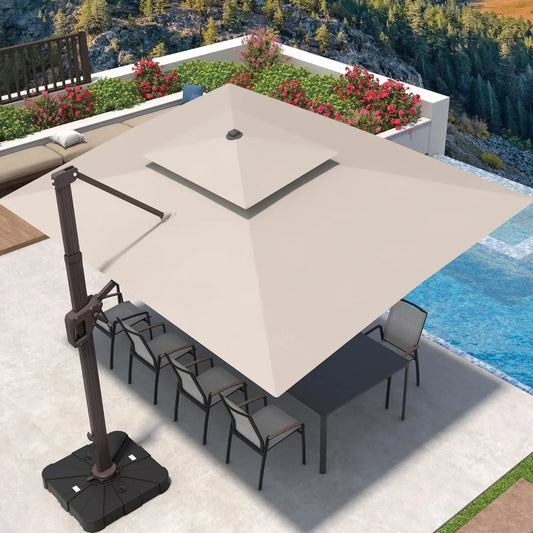 9' X 12' Cantilever Patio Umbrella 360°Rotation Rectangular Outdoor Large Offset Umbrellas Double Top Heavy Duty Windproof for G