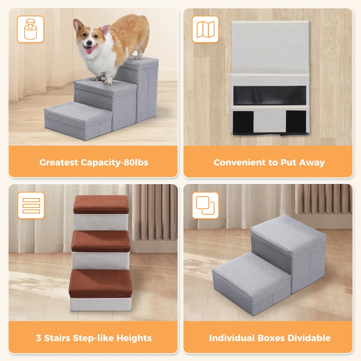 Three Tier Foldable Dog Stairs With Storage Box Indoor Use