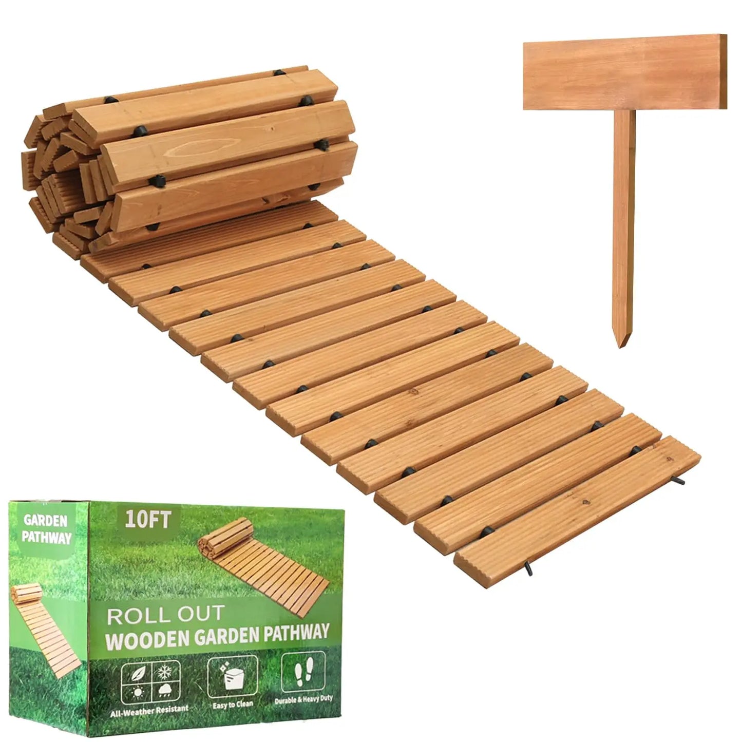 10FT Wooden Garden Pathway Outdoor Roll Out Decorative Walkway Weather Resistant Non Slip Hardwood Pavers for Garden Backyard Beach Wedding Party