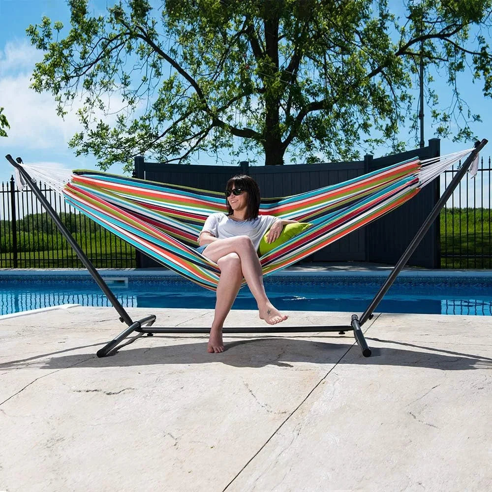 Sunbrella Double Hammock With Space Saving Steel Stand