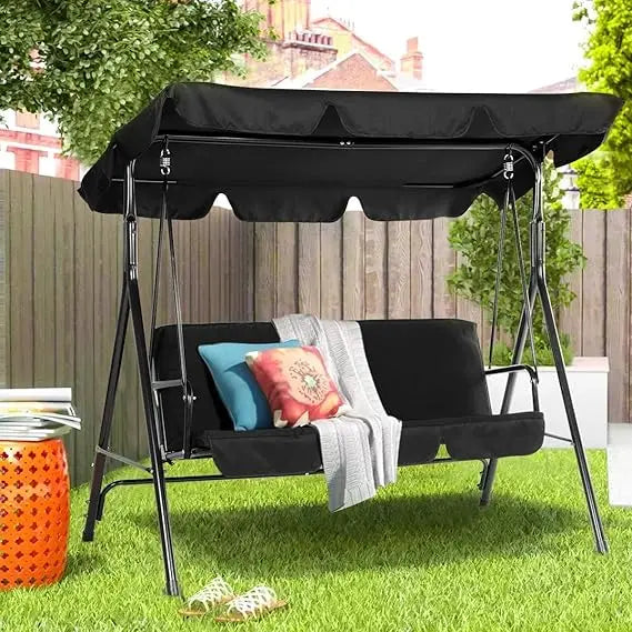 Outdoor Patio Swing Chair for Adults 3 Seat Porch Swing with Adjustable Canopy Removable Cushion Outdoor Furniture