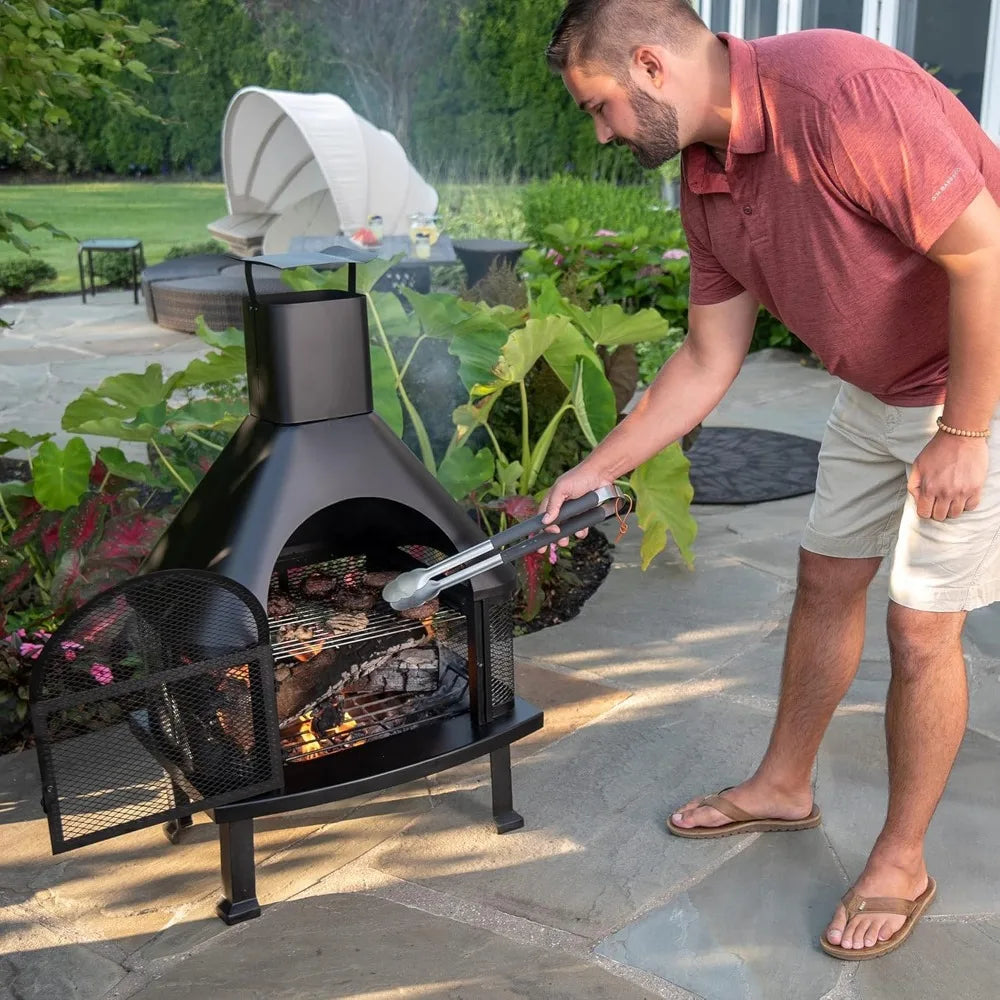 Wood Burning Outdoor Fire House With Chimney Freestanding Metal Fire Pit 360 Degree View Durable Classic Style