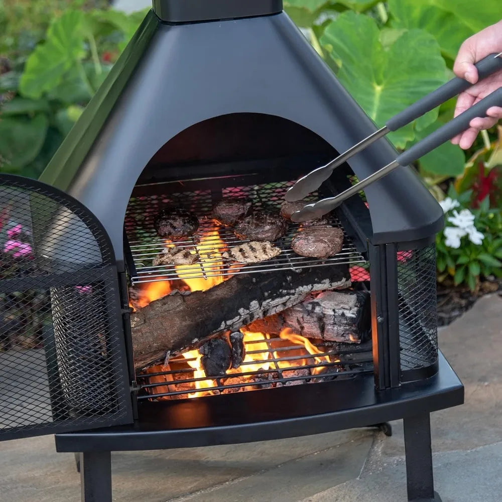 Wood Burning Outdoor Fire House With Chimney Freestanding Metal Fire Pit 360 Degree View Durable Classic Style