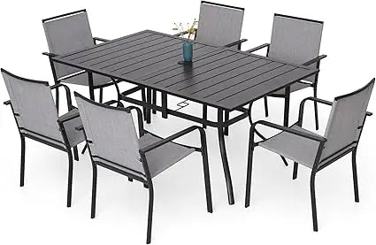 7 Piece Outdoor Patio Dining Set with 6 Stackable Chairs and Rectangular Table in Black