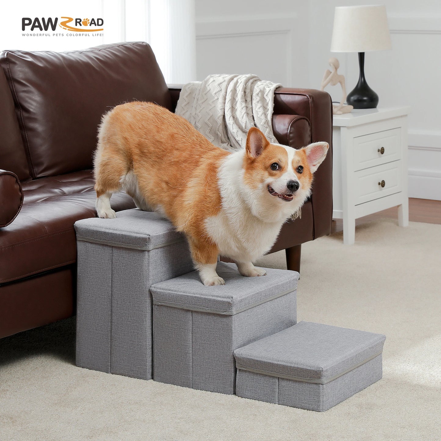 Three Tier Foldable Dog Stairs With Storage Box Indoor Use