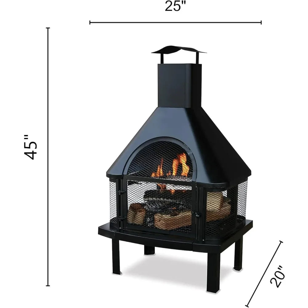 Wood Burning Outdoor Fire House With Chimney Freestanding Metal Fire Pit 360 Degree View Durable Classic Style