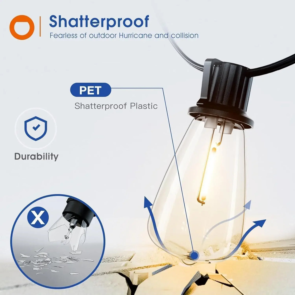 200ft LED Outdoor String Lights Dimmable Waterproof ST38 Shatterproof Bulbs
