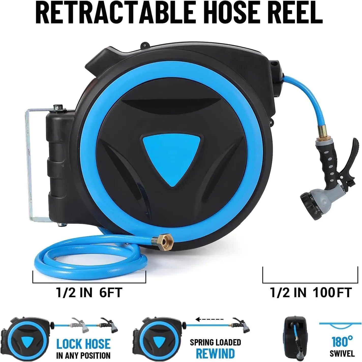 Retractable Garden Hose Reel 1/2 Inch x 100 Feet Wall Mounted 9 Function Sprayer Nozzle Any Length Lock Slow Return