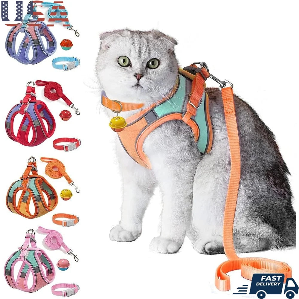 Escape Proof Cat Harness Leash Collar Set Adjustable Reflective Vest For Walking