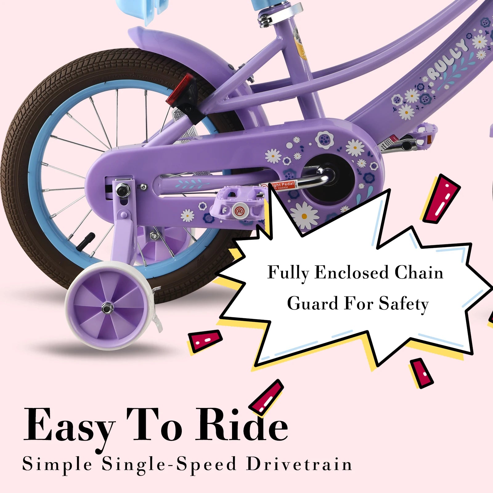 Rully 12 to 16 Inch Children's Bicycle with Training Wheels Bike Bell Doll Seat Basket for Girls Aged 2 to 6 Years Pink and Purple - Get Outside Today 25