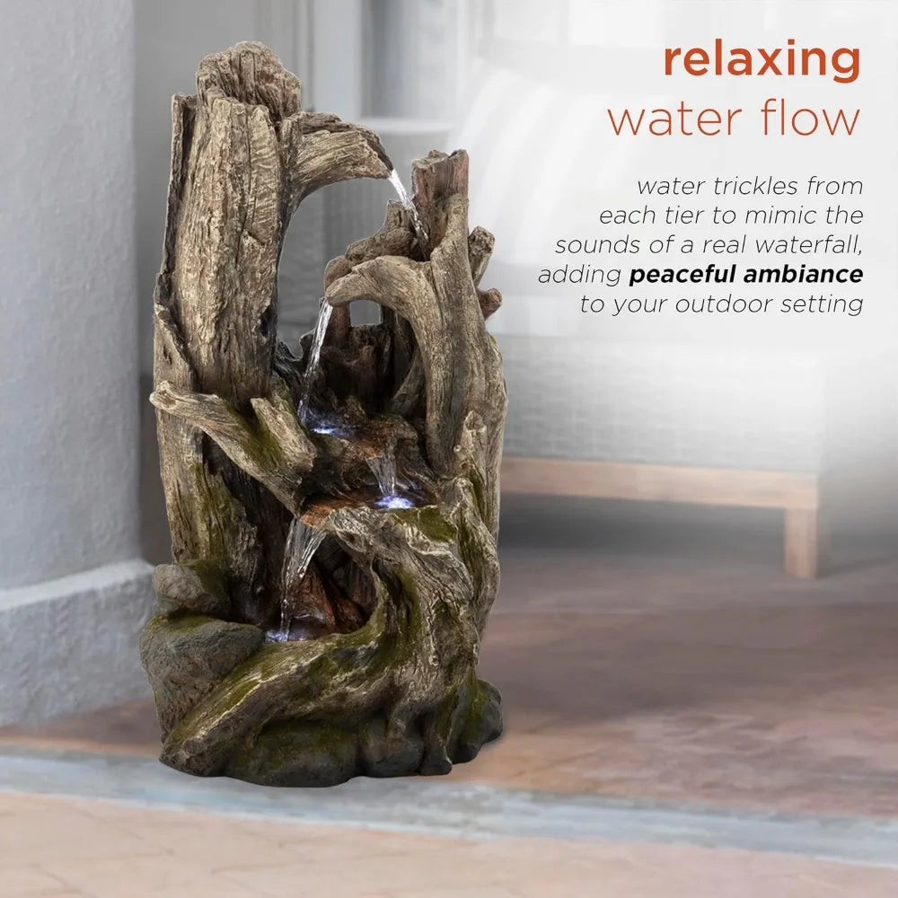 Win786 4 Tier Rainforest Tree Trunk Waterfall Fountain with LED Lights for Outdoor Garden Patio Yard and Porch Decor 40 Inches High