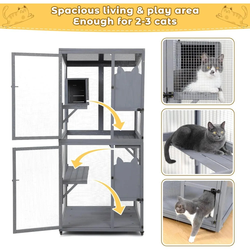 Grey Outdoor Cat Enclosure With Wheels Window Access