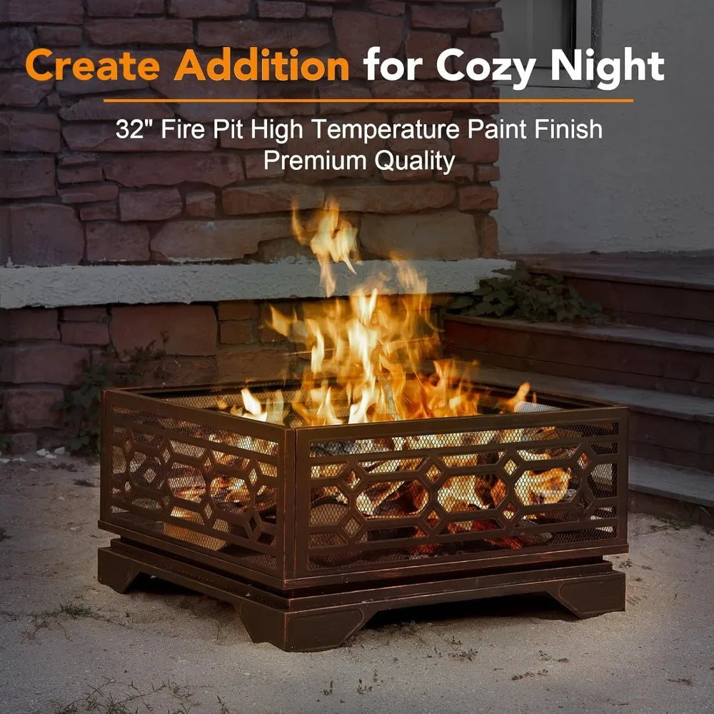 Square Outdoor Wood Burning Fire Pit With Mesh And Poker
