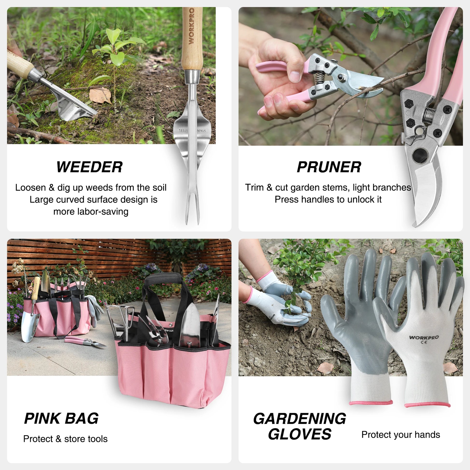 WORKPRO 8-Piece Pink Garden Tool Set with Tote and Gloves - Get Outside Today 25