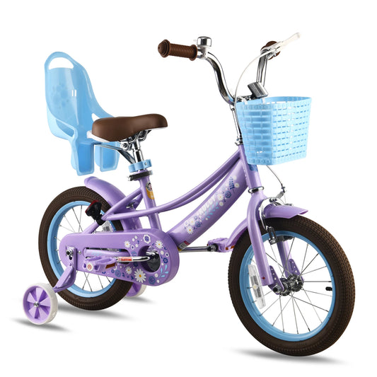 Rully 12 to 16 Inch Children's Bicycle with Training Wheels Bike Bell Doll Seat Basket for Girls Aged 2 to 6 Years Pink and Purple