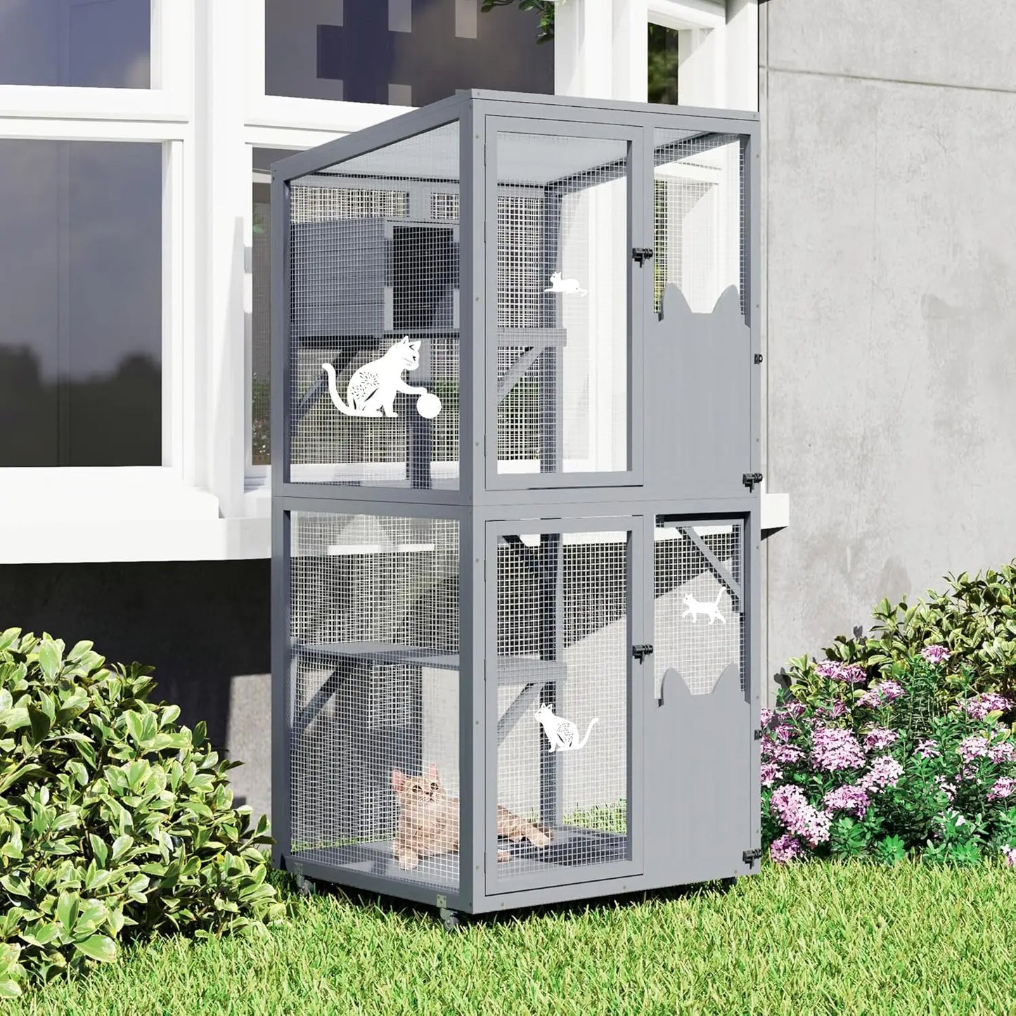 Grey Wheeled Outdoor Cat Enclosure With Patio Window Box