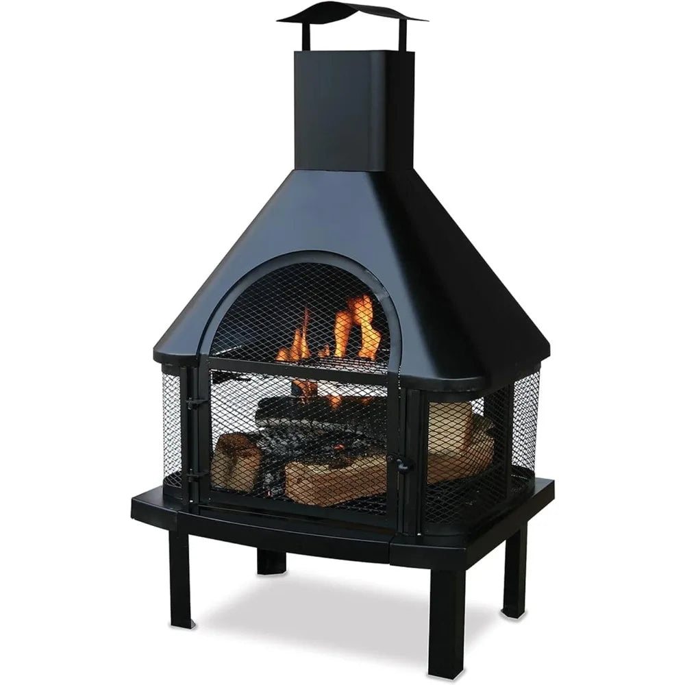 Wood Burning Outdoor Fire House With Chimney Freestanding Metal Fire Pit 360 Degree View Durable Classic Style