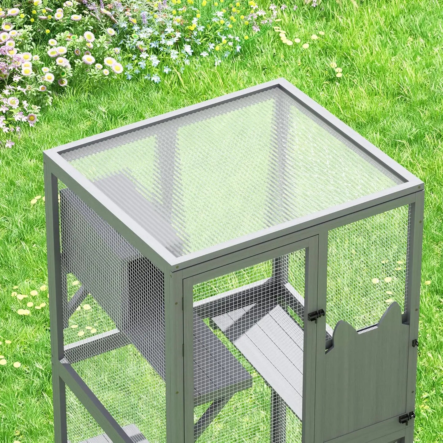 Grey Wheeled Outdoor Cat Enclosure With Patio Window Box