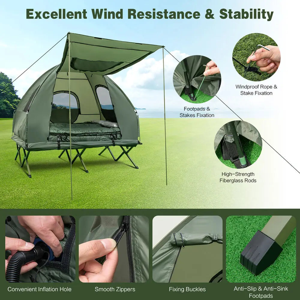2 Person Compact Portable Tent Camping Cot with Air Mattress and Sleeping Bag