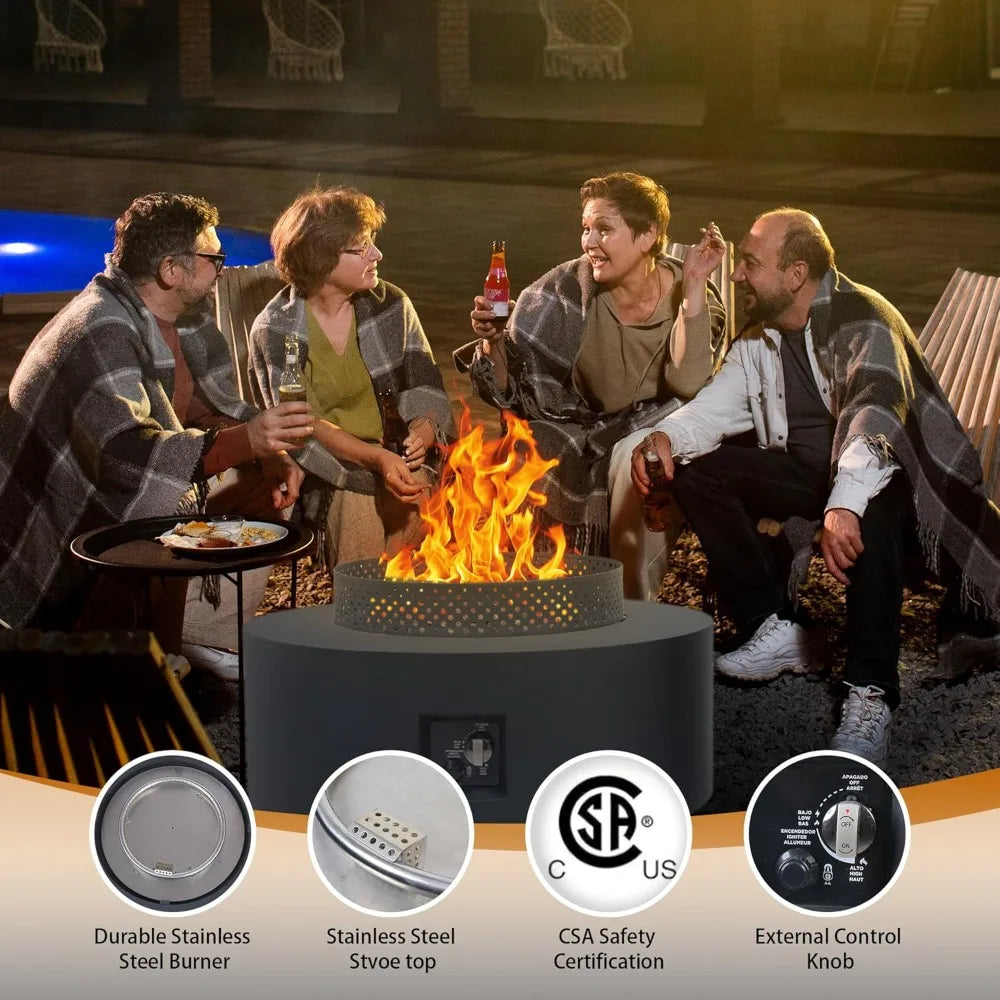 3 Piece Outdoor Fire Pit Table 32 Inch Propane Fire Table 65000 BTU Black Round Gas Fire Pit Wind Guard Baking Sheet