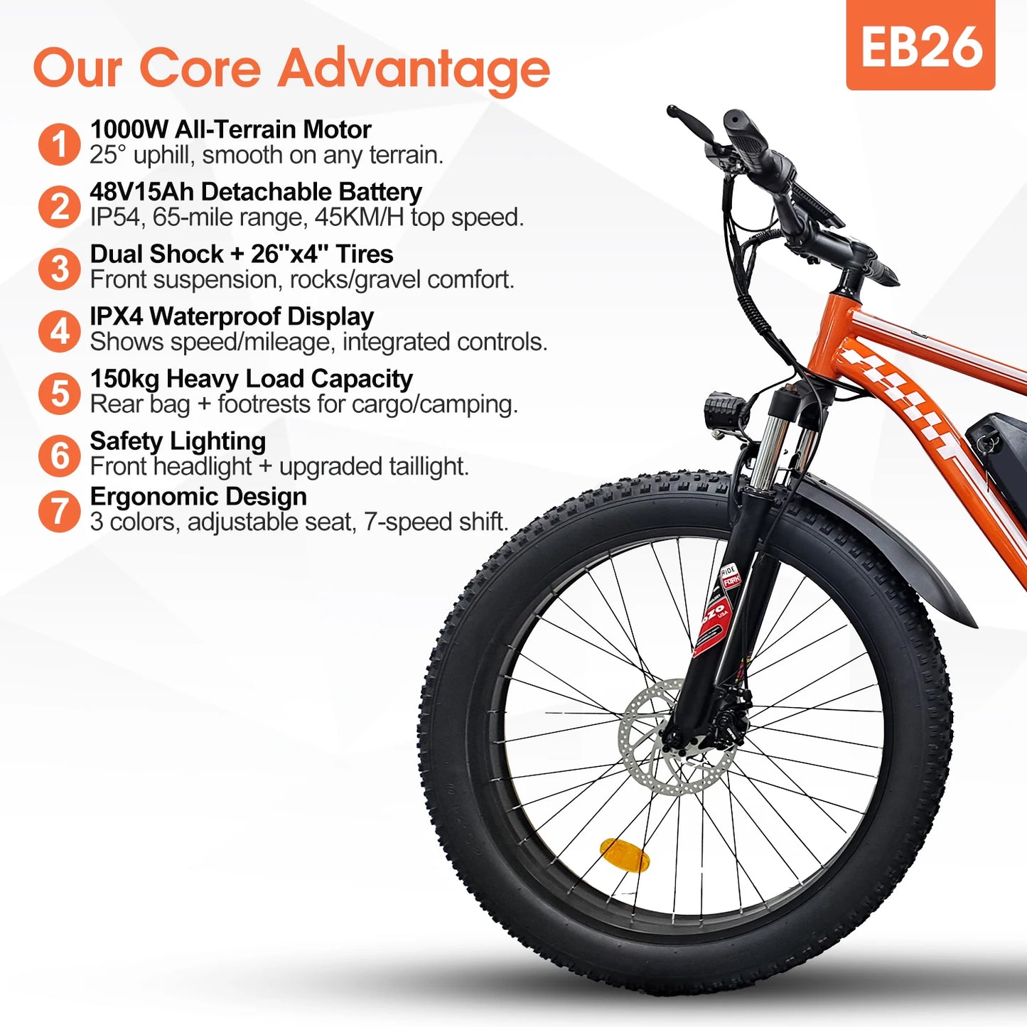 Orange 1000W Electric Bike For Adults 48V 15Ah Fat Tire Mountain Ebike 31 MPH - Get Outside Today 25