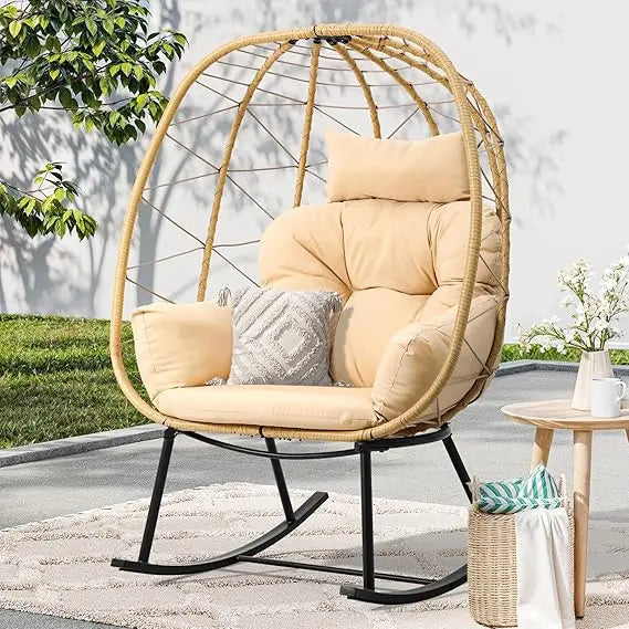 Outdoor Rocking Egg Chair with Cushioned Comfort Wicker Patio Rocker 250 Pound Capacity Anti-Slip All Weather Resilient Rattan