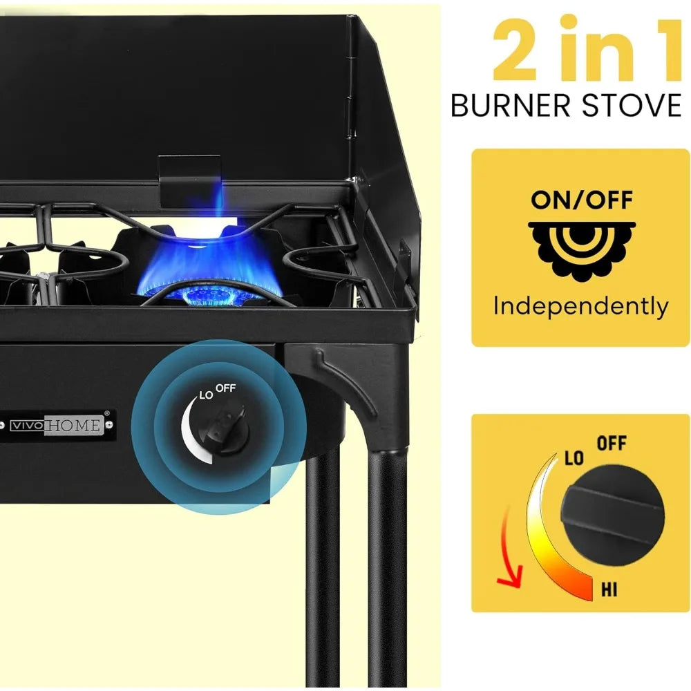 Dual Burner Propane Stove Outdoor Camping With Windshield