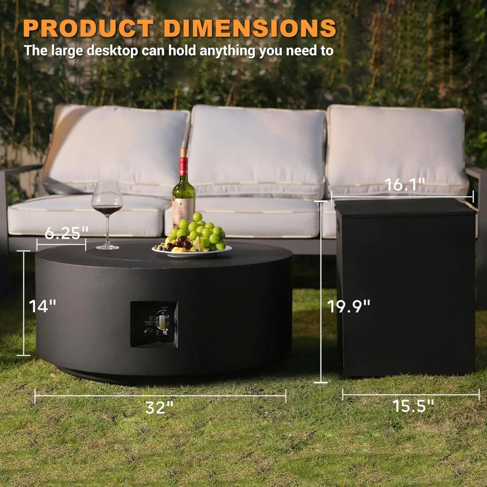 3 Piece Outdoor Fire Pit Table 32 Inch Propane Fire Table 65000 BTU Black Round Gas Fire Pit Wind Guard Baking Sheet