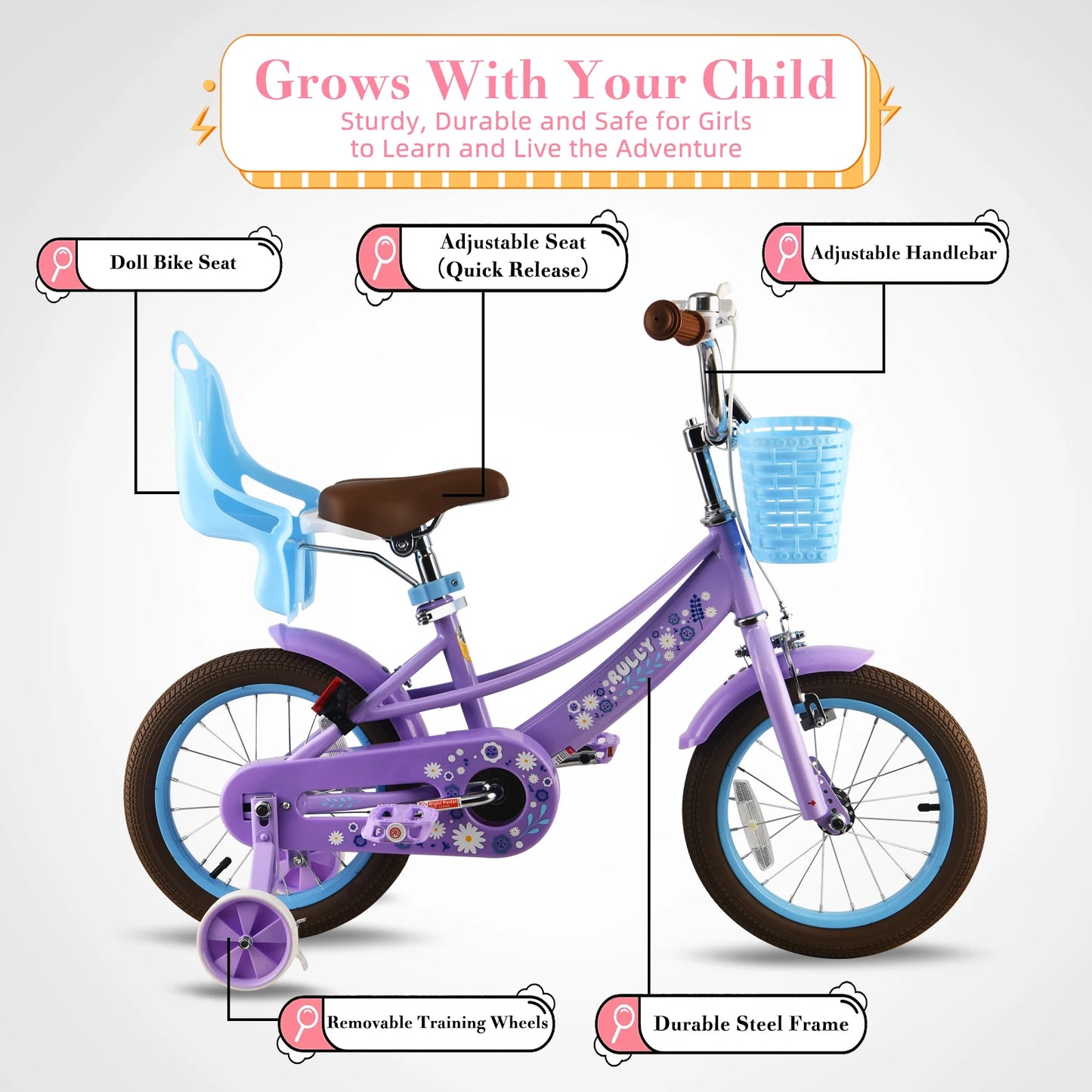 Rully 12 to 16 Inch Children's Bicycle with Training Wheels Bike Bell Doll Seat Basket for Girls Aged 2 to 6 Years Pink and Purple - Get Outside Today 25