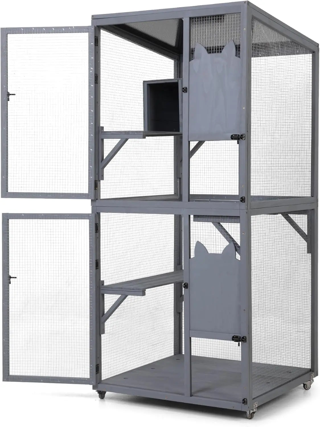 Grey Wheeled Outdoor Cat Enclosure With Patio Window Box