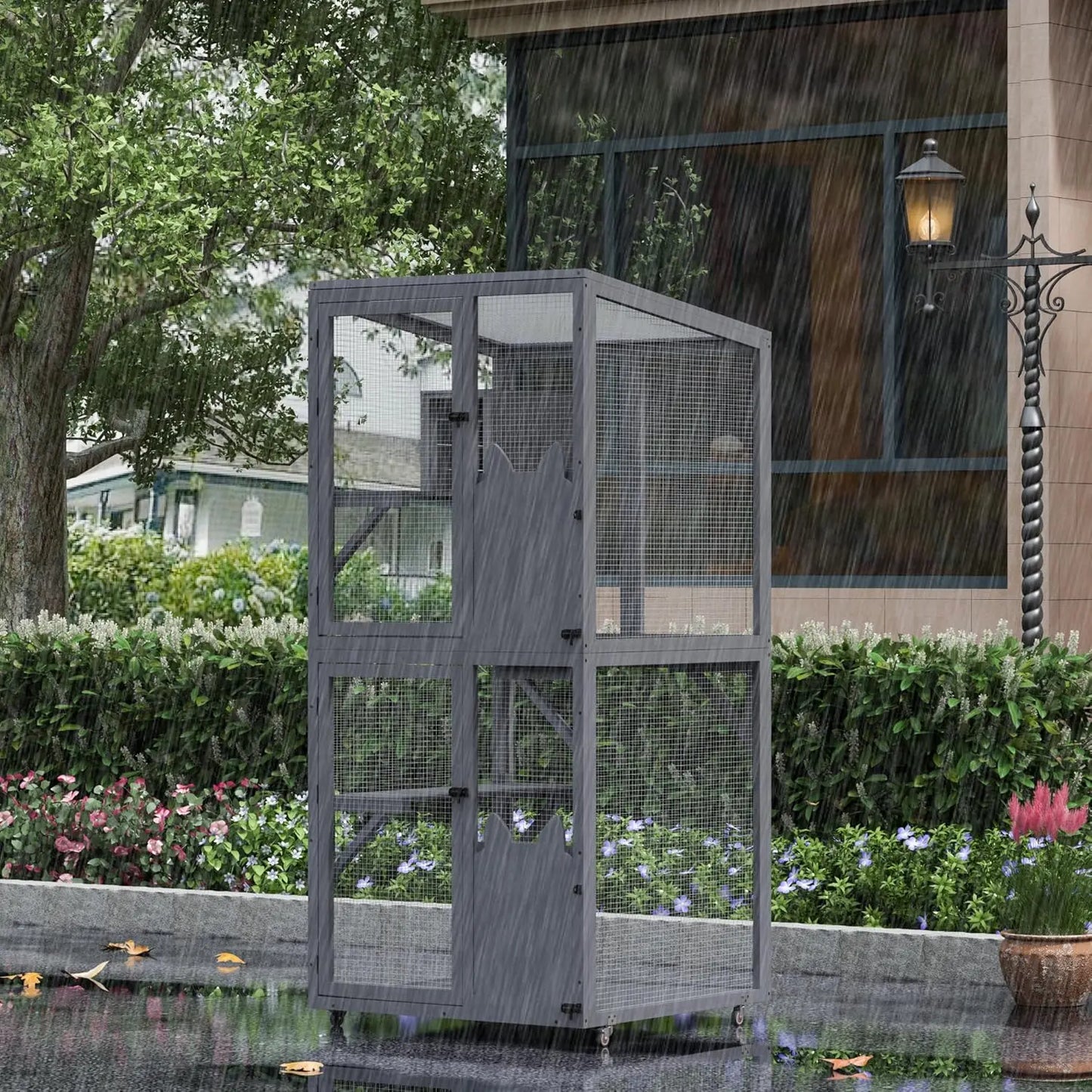 Grey Wheeled Outdoor Cat Enclosure With Patio Window Box