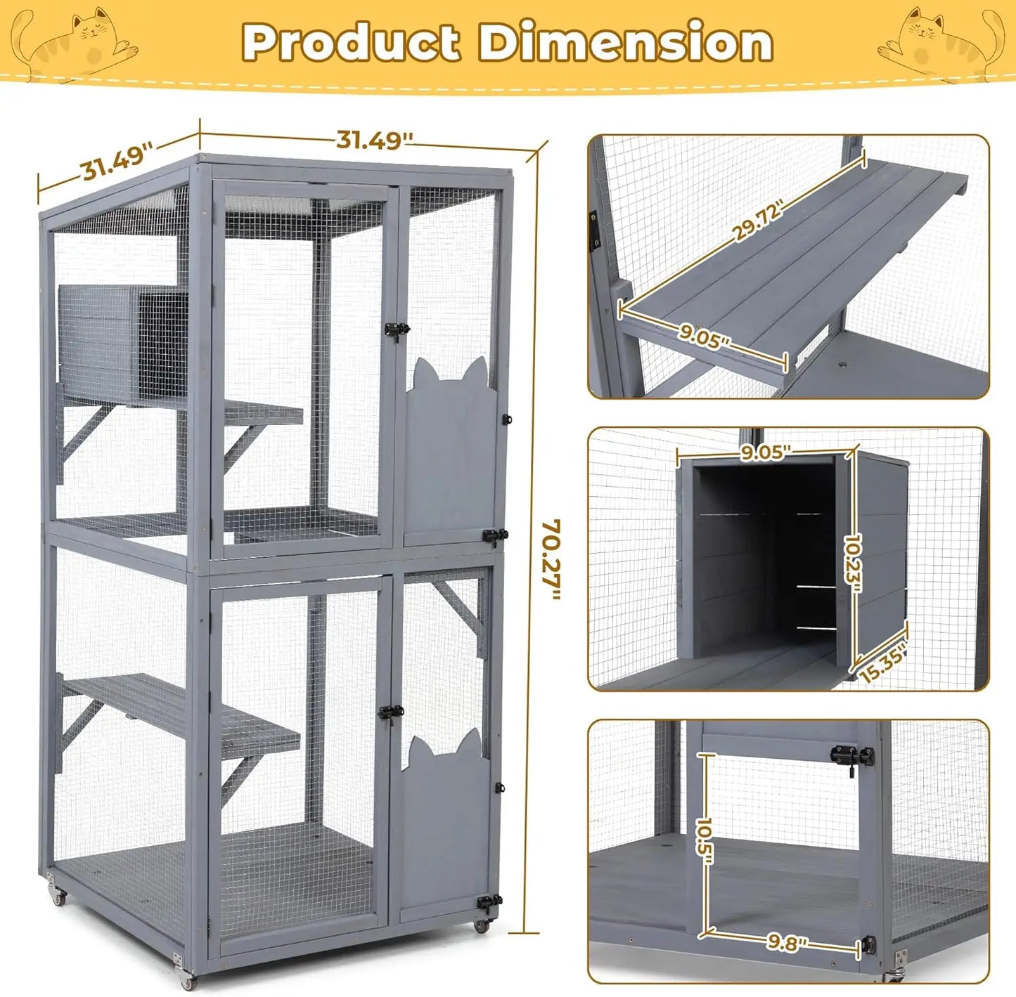 Grey Wheeled Outdoor Cat Enclosure With Patio Window Box