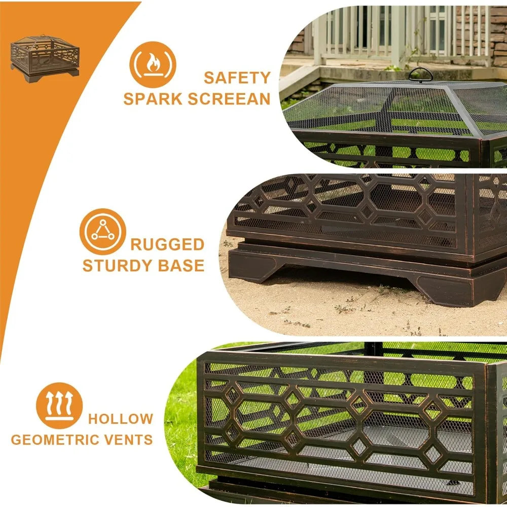 Square Outdoor Wood Burning Fire Pit With Mesh And Poker
