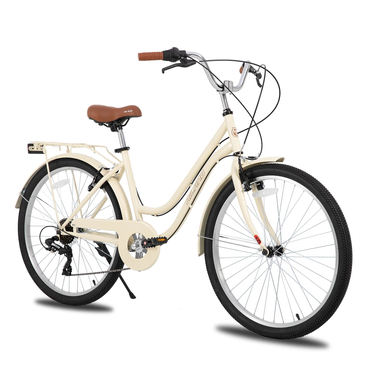 HILAND 26 Inch Beach Cruiser Bike for Men and Women 7 Speed Adult Bicycle with Rear Rack Retrospec Commuter City Bicycle