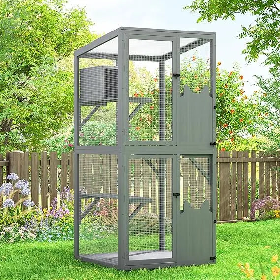 Grey Wheeled Outdoor Cat Enclosure With Patio Window Box