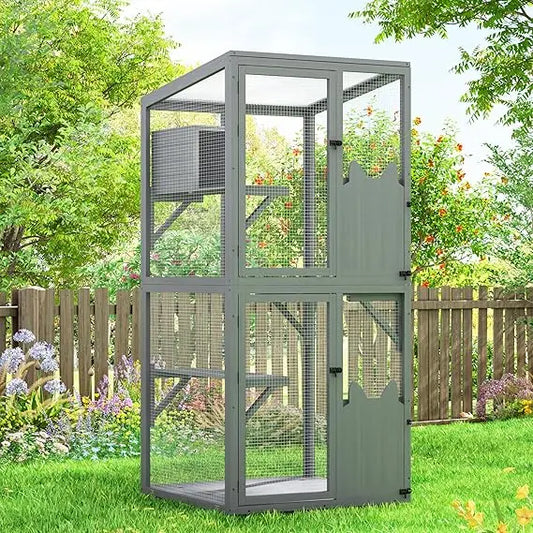 Grey Wheeled Outdoor Cat Enclosure With Patio Window Box