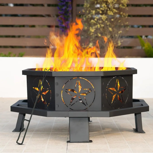 32 Inch Octagonal Outdoor Fire Pit Wood Burning With Poker