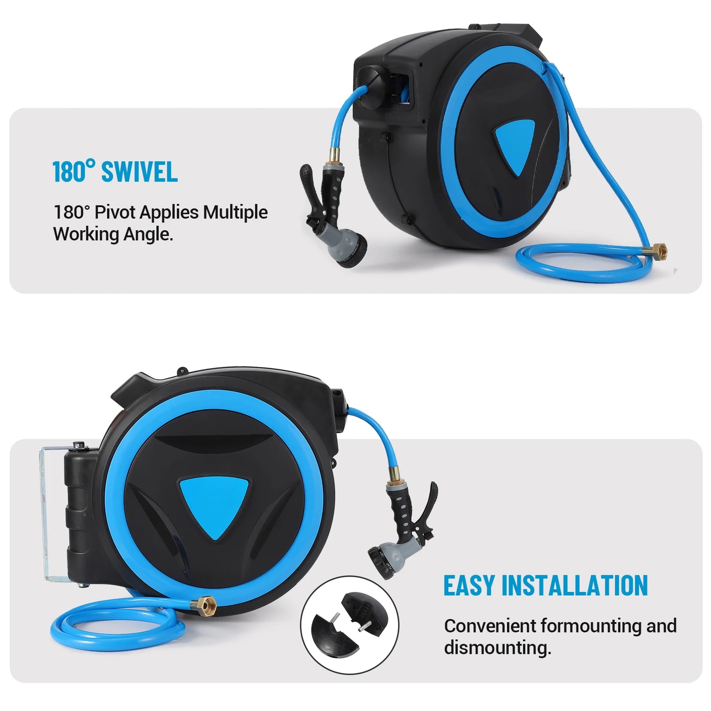 Retractable Garden Hose Reel 1/2 Inch x 100 Feet Wall Mounted 9 Function Sprayer Nozzle Any Length Lock Slow Return